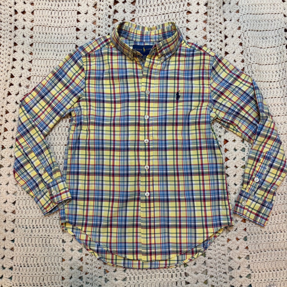 Ralph Lauren Yellow/Blue/Red/Green Plaid Button Down Long Sleeve Shirt Sz 8 Boys